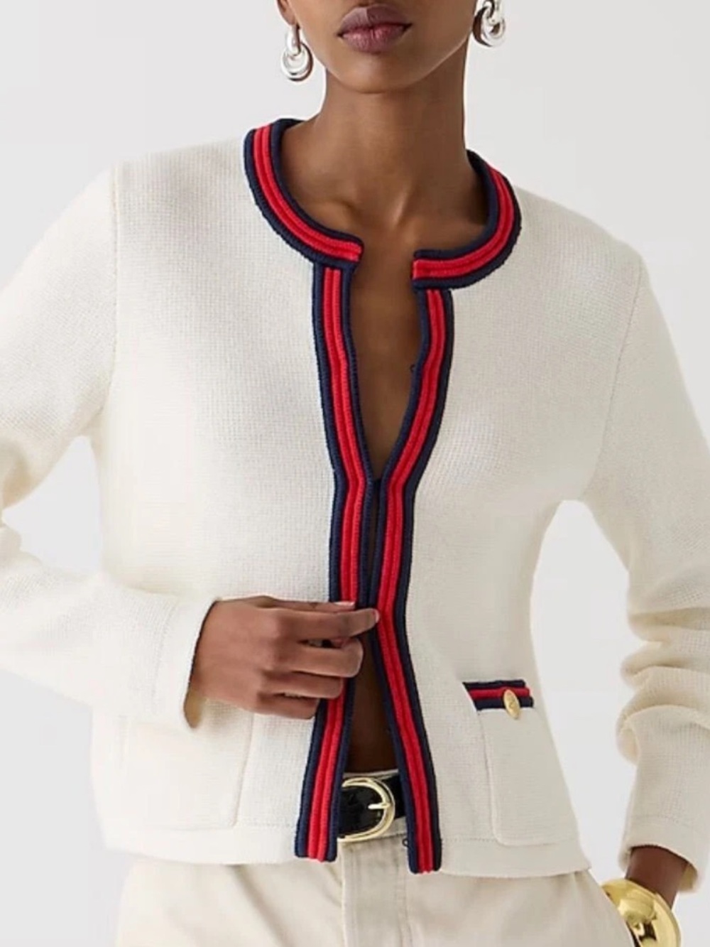 J. Crew Emilie Sweater Lady Jacket Size XXL Ivory With Red And Navy Contrast
